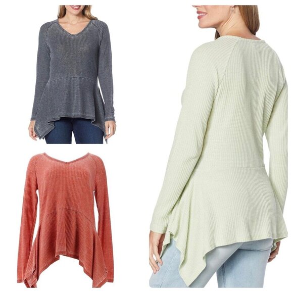 DG2 Diane Gilman Top Size Medium Waffle Knit Skirted Sharkbite Asymmetrical Hem - Picture 7 of 8